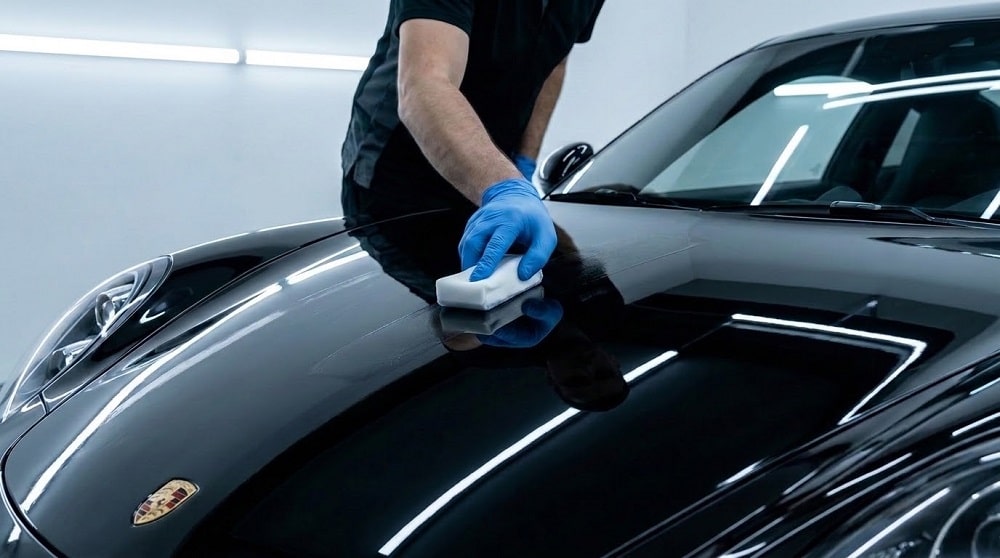 A technician carefully applies a ceramic coating to a vehicle